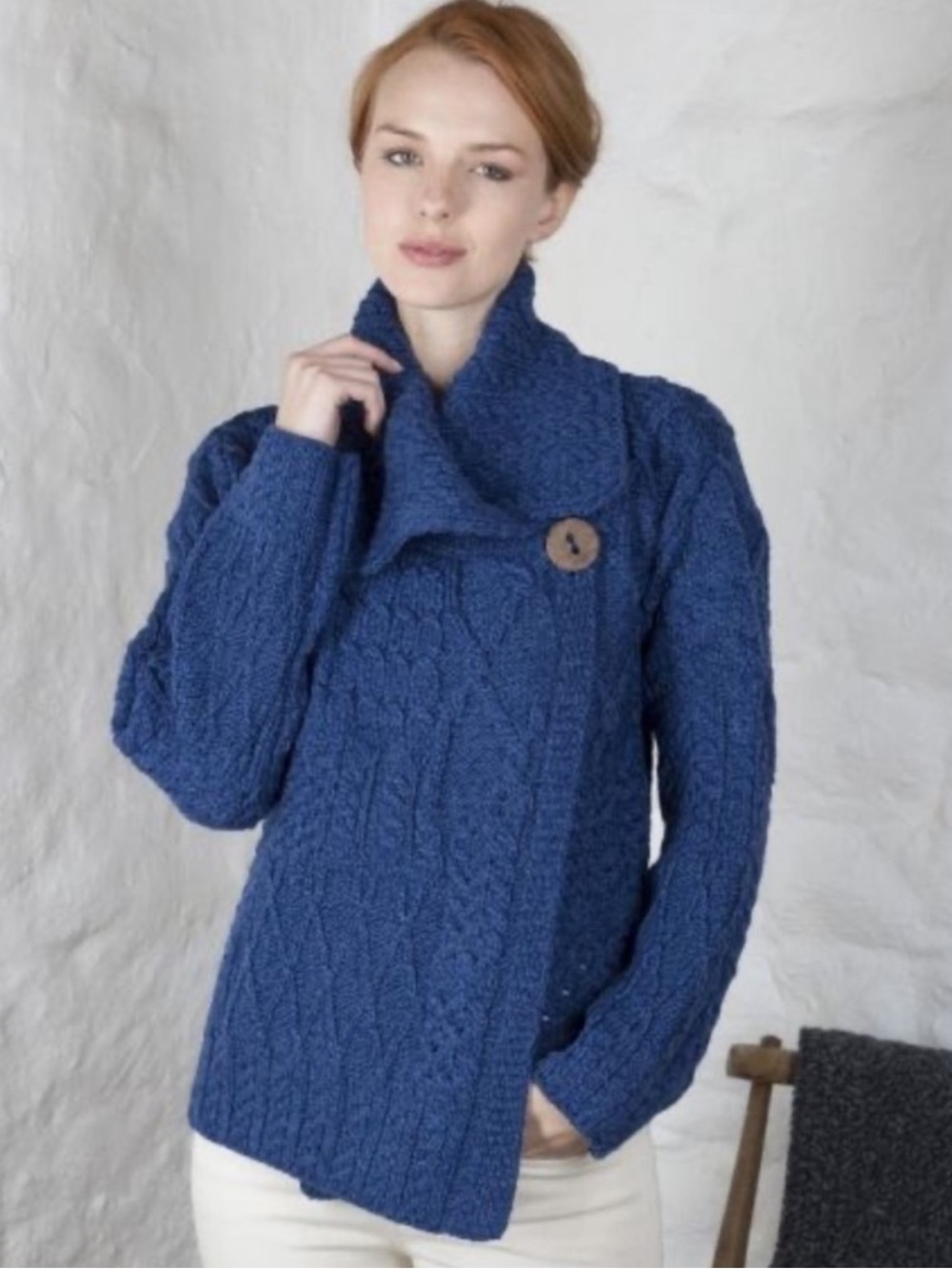 Carraig Donn Women Sweater Large Blue Cable Knit Button Cardigan Notre Dame Wool